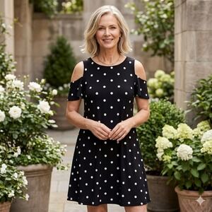 Lauren Ralph Lauren 16 Cold Shoulder Dress Womens Black Polka Dot A-Line